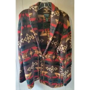 Vtg Ralph Lauren Medium Southwestern Aztec Lambswool Hand Knit Cardigan Concho L